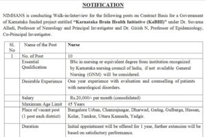 Read more about the article Staff nurse jobs 2024 : “Karnataka Brain Health Initiative (KaBHI)”