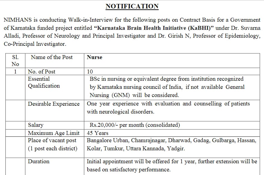 Read more about the article Staff nurse jobs 2024 : “Karnataka Brain Health Initiative (KaBHI)”