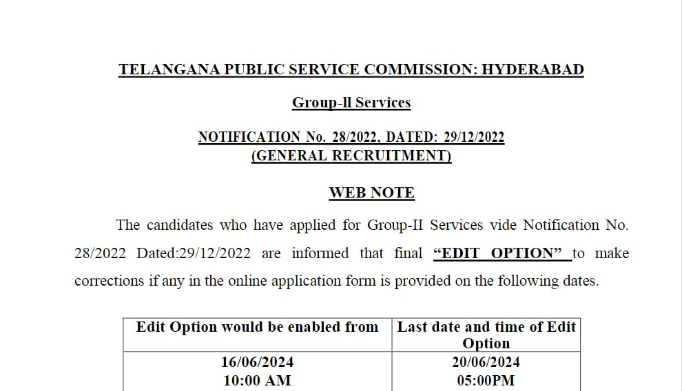 Read more about the article TGPSC Group-II Notification 2024 New WEB NOTE  : “EDIT OPTION”  Click Now !