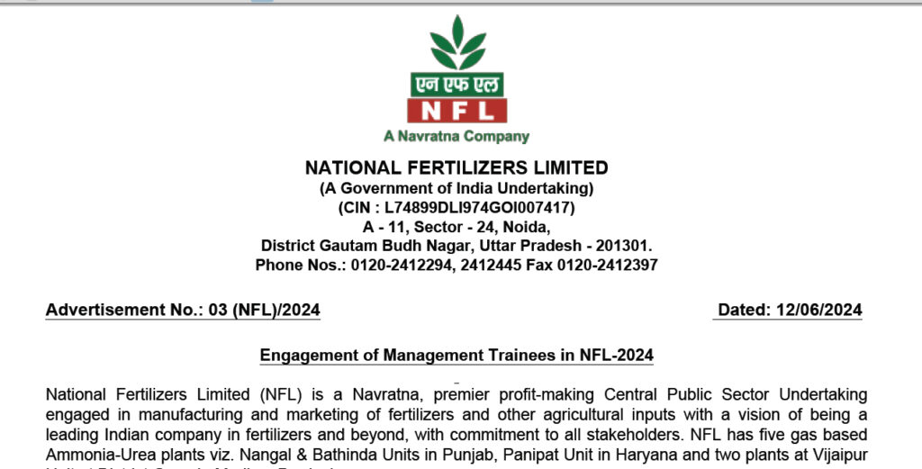 National Fertilizers Limited Management Trainee Jobs 2024 apply now !