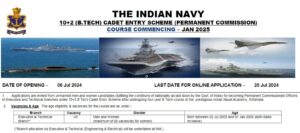 Read more about the article THE INDIAN NAVY Jobs 2024 : 10+2 (B.TECH) CADET ENTRY SCHEME COURSE COMMENCING – JAN 2025