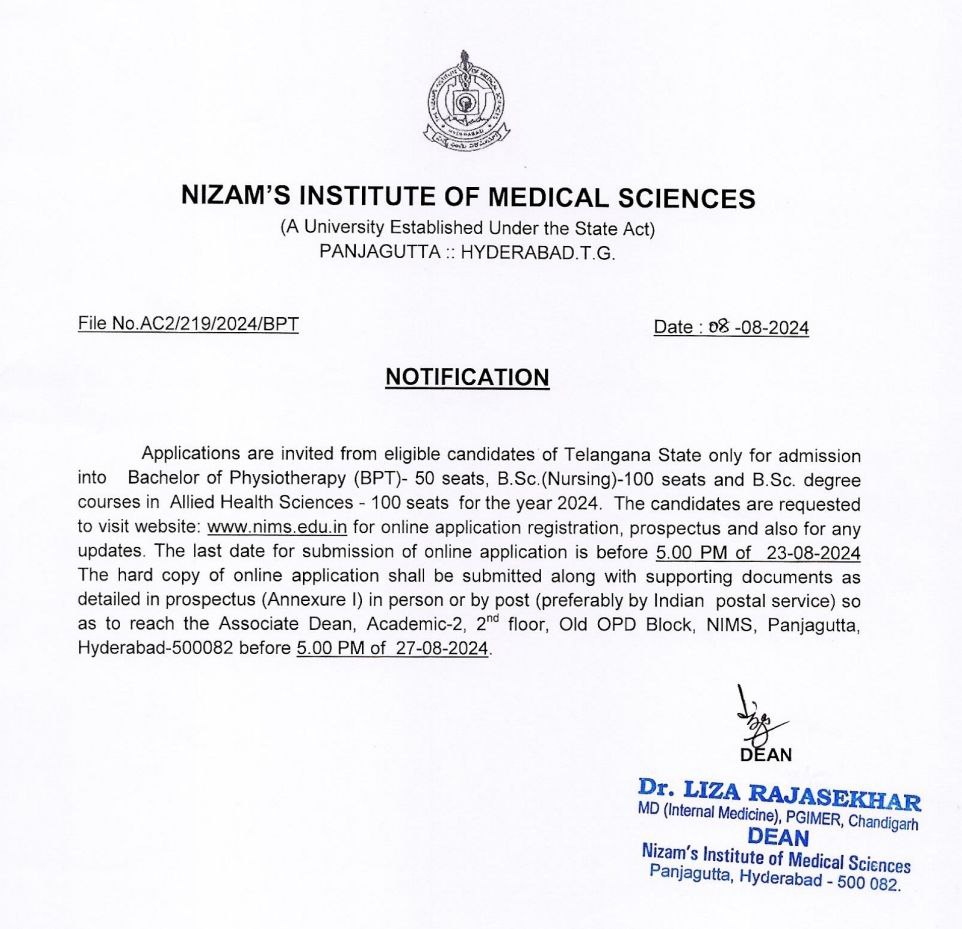 Nims B.sc Nursing Admissions 2024 - 2025